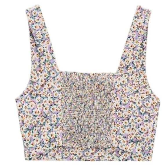 Zara Linen Blend Ditsy Floral Smocked Back Button Front Crop Top S Purple White - Picture 16 of 16